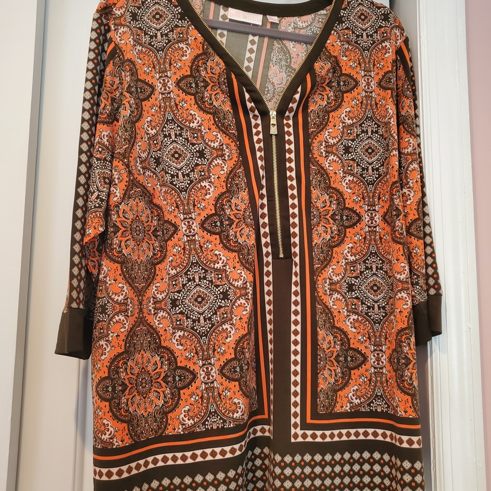 Belle by Kim Gravel Vibrant Orange and Brown Blouse